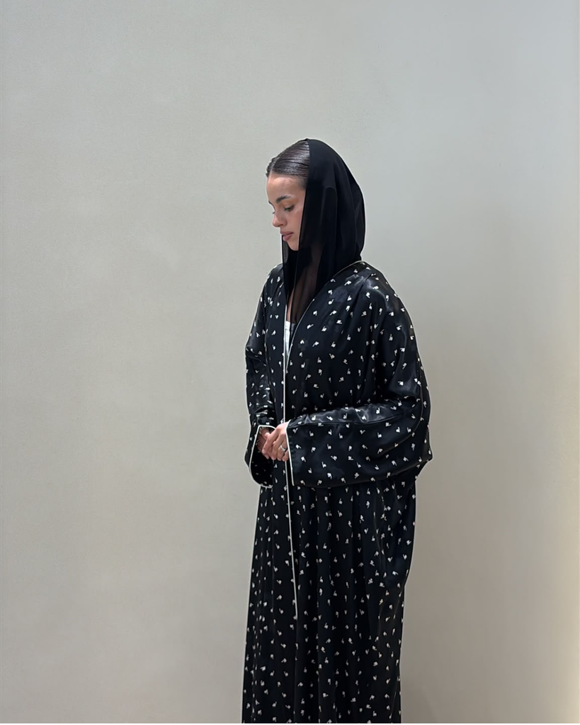 N0007 - Black Satin Floral-Patterned